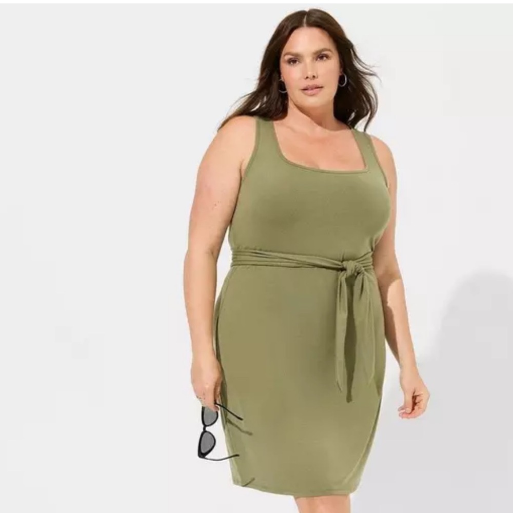 Mini Jersey Square Neck Olive Green Tie Waist Sleeveless Dress